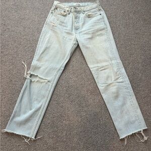 Blue Straight Leg Distressed Jeans with Raw Hem